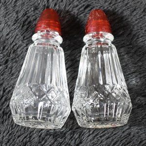 Vintage Clear Glass with Red Plastic Lid Salt and Pepper Shaker Set